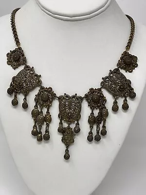 Vintage Ornate Etruscan Bells Brassy Filigree Dangle Festoon Collar Bib Necklace • $145