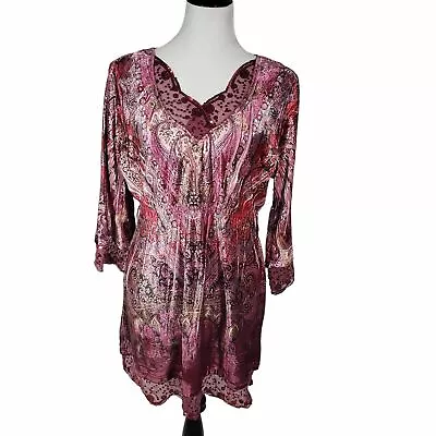 One World Large Velvety Sequin Lace Long Sleeve Boho Moroccan Print Short Dress  • $22.95