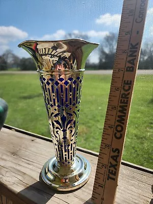 Vintage Godinger Art Deco Silverplate Filigree Cobalt Blue Glass Vase • $18