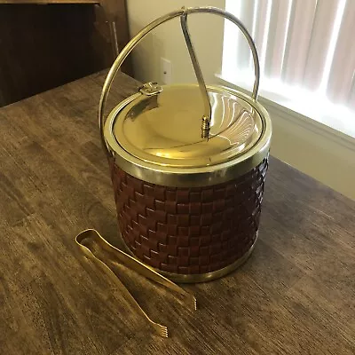 Vintage Mid Century Ice Bucket Gold Woven Patterned Faux Leather With Tongs • $27.99