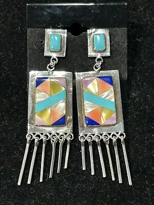 Vintage Native AN Handmade Sterling Inlay Turquoise Coral Lapis Earrings 15.8g • $19