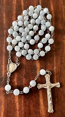 Vintage 20” Pewter Crucifix & Medal Light Blue Beaded Italian Rosary • $15.99