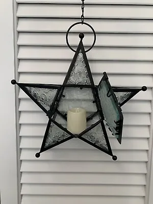 Hanging Pressed Glass Star Lantern Flameless Candle Lamp Indoor/Outdoor Decor • $22.98