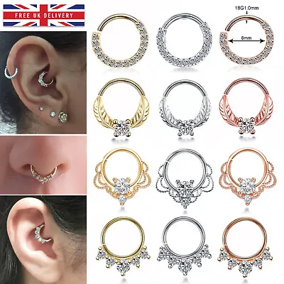 Daith Septum Piercing Nose Ear Ring 8mm Hoop Rhinestone 18G Silver Clear Crystal • £4.45