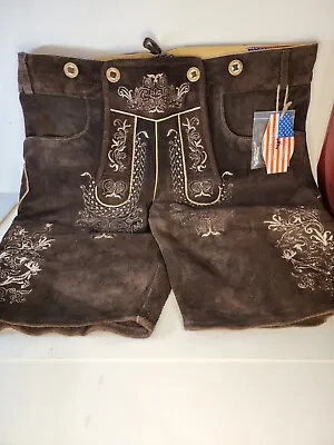  Mens Choco Brown Lederhosen Oktoberfest German Leather Shorts US Size 34 • $52.95