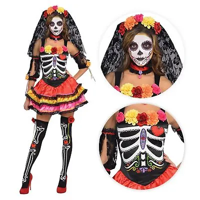 Ladies Day Of The Dead Senorita Sugar Halloween Skeleton Fancy Dress Costume UK • £33.70