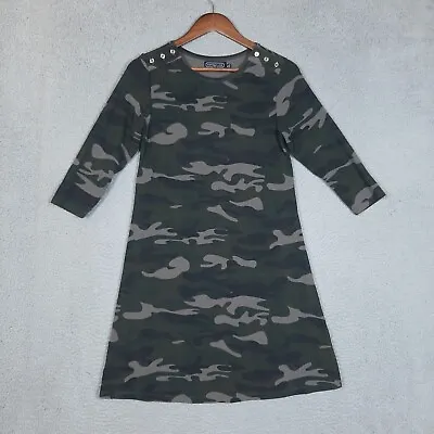 Duffield Lane Shirt Dress Women's XS Green Camo 1/2 Sleeve Gold Button Shoulders • $34.99