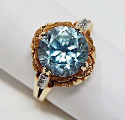 Art Deco 14K Yellow Gold & Palladium Vintage Genuine Blue Zircon Diamond Ring 5 • $1950