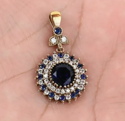 2Ct Round Cut Lab Created Blue Sapphire Halo Pendant In 14K Yellow Gold Plated • $97.50