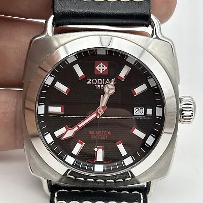 ZODIAC 1882 ZO2600 Renegade Black Leather Band Black And Red Face Screw In Crown • $225