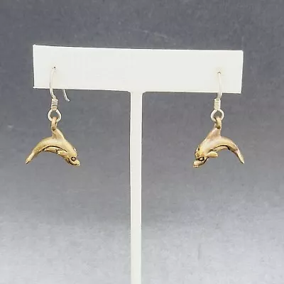 Vintage Brass Dolphin Pierced Earrings 3/4  Stainless Steel Hooks SIGNED • $12