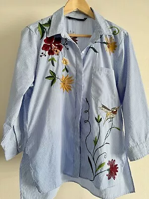 ZARA FLORAL EMBROIDERED POPLIN STRIPED SHIRT BLUE CHIARA OLIVIA Sz XL • $25