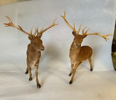2 Vintage Plastic Felted Flocked Deer Stag Buck Centerpiece Holiday Decor Piece • $15