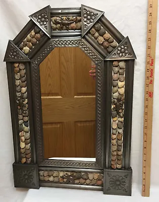 Wall Mirror Punched Tin Metal Frame Pebble Stone Inlay W/ Geico Lizard Figures • $129.99