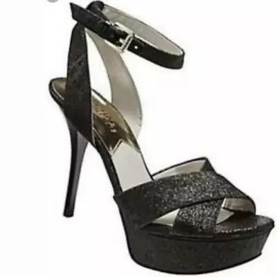 Michael Kors Gideon Black Glitter Metallic Ankle Platform Sandal 4.5” Heel 9.5 • $15