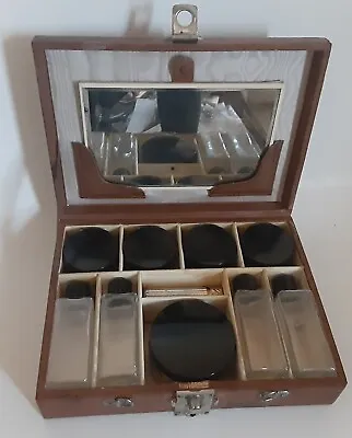 Vintage Vanity Makeup Travel Case Glass Bottle Jars Mirror Maylor Of London • $24.95