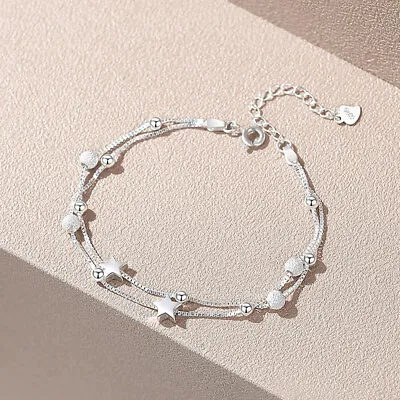 925 Sterling Silver Bangle Bracelet Lucky Star Charm Womens Adjustment Gift Box • £5.99