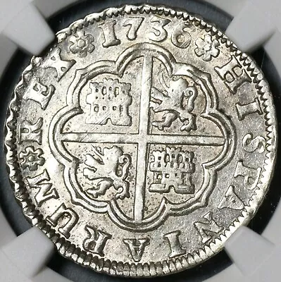 1736-S NGC AU 55 Spain 2 Reales Philip V Silver Seville Coin POP 2/2 (21051305C) • $650