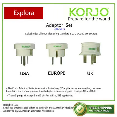 $29.99 • Buy Korjo Set Of 3 Travel Adaptors From Australia/NZ To EUROPE/UK/USA