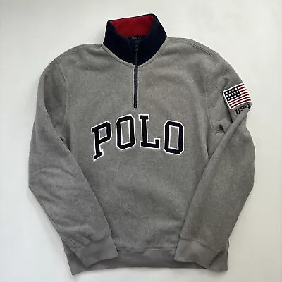 Polo Ralph Lauren USA Fleece Grey Medium Spellout 90s 1/4 Zip Quarter Retro • £60