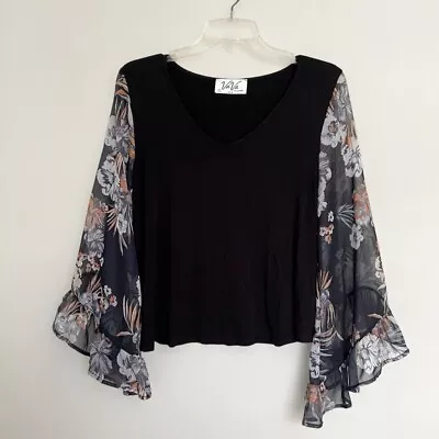 Vava By Joy Han Boho Top Sz S Sheer Bell Sleeves Floral Mixed Print Made In USA • $29.95