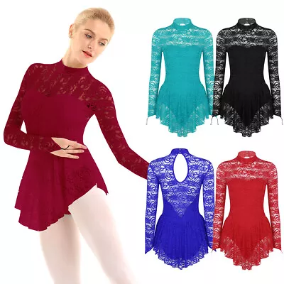 Women's Long Sleeve Lace Figure Ice Skating Roller Ballet Dance Leotard Dress • £11.27