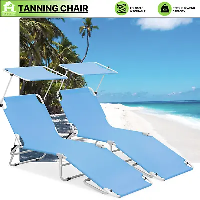 Set Of 2 Foldable Beach Chair Outdoor Camping Lounge Chaise W/Adjustable Canopy • $102.99