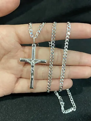 .925 Sterling Silver Mens Womens Cross Crucifix Pendant & Curb Chain 24  • $49.99