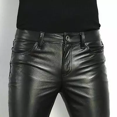 Men's Tight Leather Pants 80s Punk Rock Skinny Motorcycle Gothic Biker Trousers • $26.99