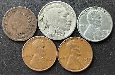 Small U.S. Coin Lot Indian Head Cent Buffalo Nickel Steel Cent Two Wheat Cents • $5.49