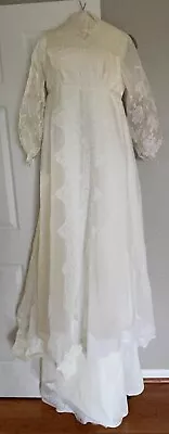 Vtg 1960s Alfred Angelo Edythe Vincent Off White Wedding Dress Lace Puffy Sleeve • $90