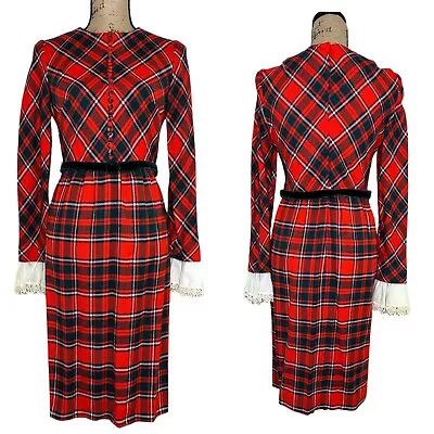 Vtg Mr Mort Plaid Belted Sheath Dress Womens 11 Buttons Lace Sleeve Holiday NEW • $99.99