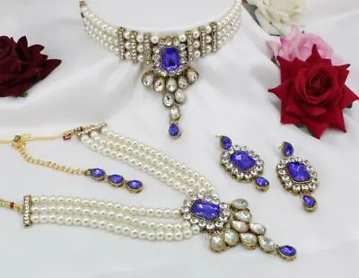 Indian Pearl Gold Necklace Bridal Bollywood Wedding 2 Pc Jewelry Earring Set • $12.59