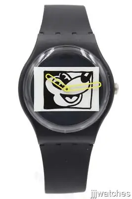 New Swiss Swatch MICKEY BLANC SUR NOIR Black Silicone Watch 40mm SUOZ337 $130 • $104