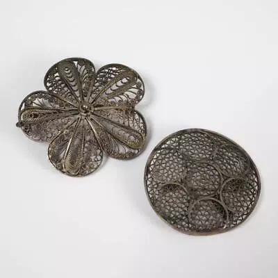 Sterling Silver Filigree Round Flower Brooches Antique Made In Palestine 1.5 Dia • $90