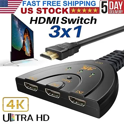 4K Ultra HD 3 Way HDMI Switch Splitter HDTV Auto 3 Port IN 1 OUT With 45CM Cable • $9.80