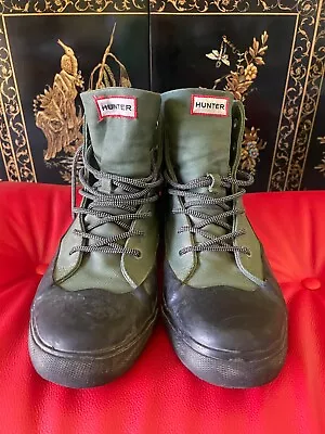 HUNTER Men's Rain Boot High Top LaceUp Green Rubber Dipped Canvas Size 11 M • $25