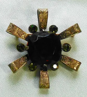 Vintage CAPRI Dark Topaz Glass Green Rhinestone Large Maltese Cross Pin Brooch • $124.99