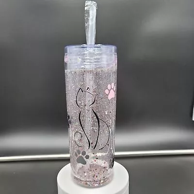 Cat Mom Tumbler Skinny Snow Globe Hearts Paw Prints Feline Glitter Cold Cup • $24.95