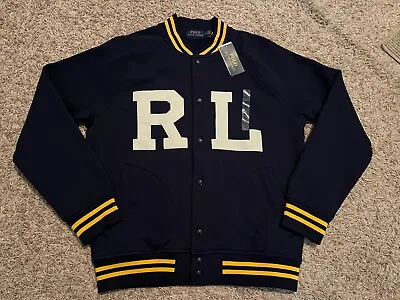 NWT Polo Ralph Lauren Fleece RL Monogram Letterman Jacket BLUE Men Medium (8878) • $164.99