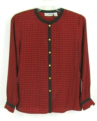 Vintage Le Caviar Blouse Size Small Button Front Black Red Top Print Houndstooth • $9.98