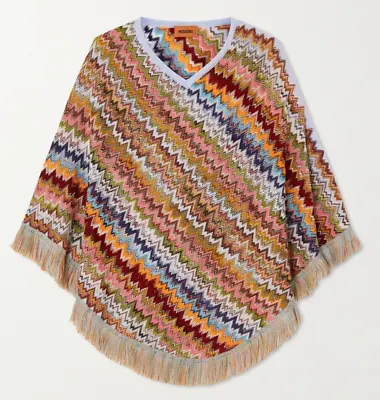 MISSONI Fringed Crochet-Knit Multicolor  Zig-zag Wool-Blend Poncho One Size NWOT • $445