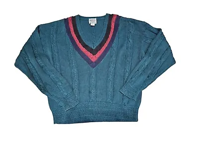 Vintage 90s I.O.U. Teal V-Neck Cable Knit Cricket Sweater Size Small Unisex A80 • $39.99