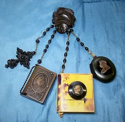 1 CHATELAINE Queen Victoria Vulcanite Match Safe Locket Memoirs Cross Bakelite • $469.90