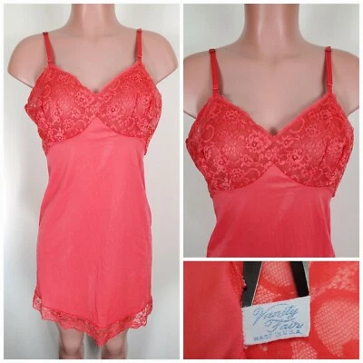 $38.99 • Buy Vintage Vanity Fair 80s Sissy 36 Nylon Full Slip Nightgown Lace Bodice Hot Pink