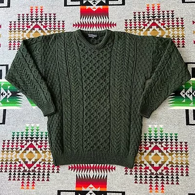 Vintage Aran Woollen Mills Sweater Irish Wool Cable Knit Men’s Small Green A2 • $59.95