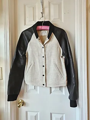 A.L.C. Beige Linen Blend & Black Leather Sleeve Bomber Jacket Snap Up Size M • $50