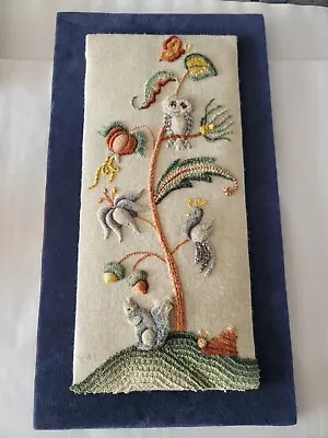 Vintage Owl Crewel Embroidered Wall Decor Picture 14 X25  Squirrel Bird Snail  • $59.99