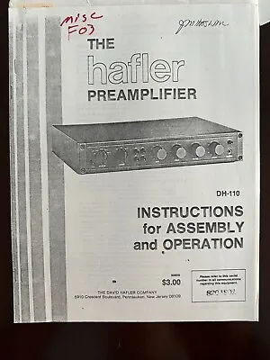 Hafler Model DH 110 Assembly And Operation Manual - Copy • $16.99