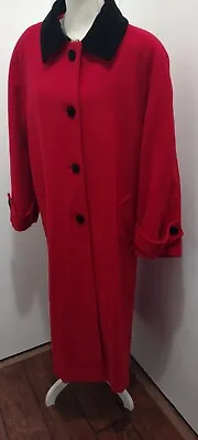 Long Red Wool Blend Coat With Black Velvet Collar Sz 14 Vinatge USA Moth Holes  • $39